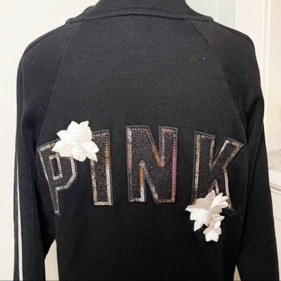 Victoria’s Secret Pink Sequin Floral Bling Zip Front Jacket Hoodie Small - Picture 9 of 13